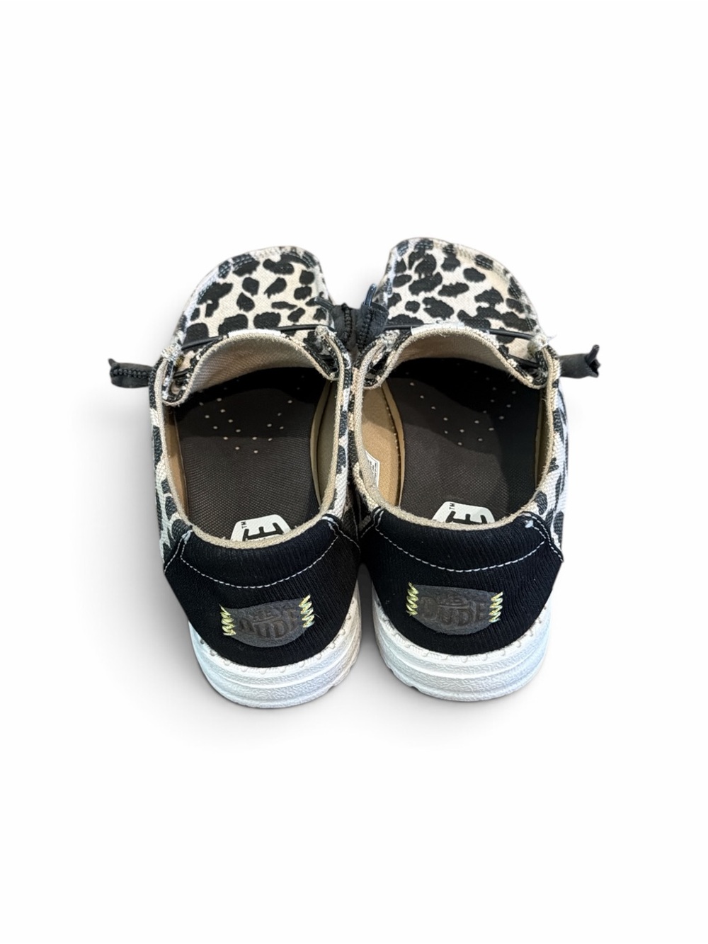 Hey Dude womens size 6 Leopard Print Slip-On Sneakers - Black & Cream - Picture 3 of 4
